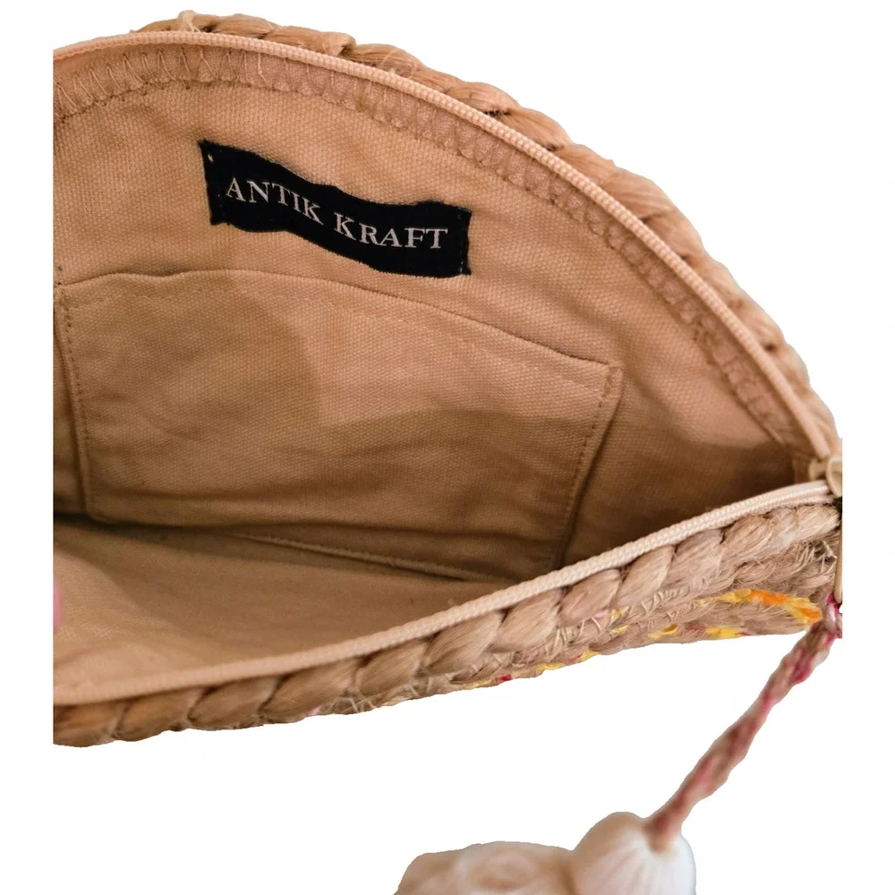 Anthropologie ANTIK KRAFT Chindi Moon Multi Woven Straw Clutch Bag Tassels